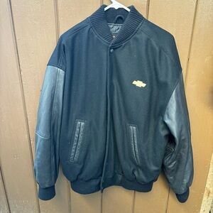 Canyon Outback Quiltlined Black Leather & Wool Varsity Jacket Chevy Logo L Track